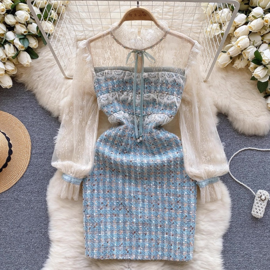 [READY] LD 88-98 Madilyn Tweed Lace Pearl Blue Dress Korean Style Premium Fairlady 176