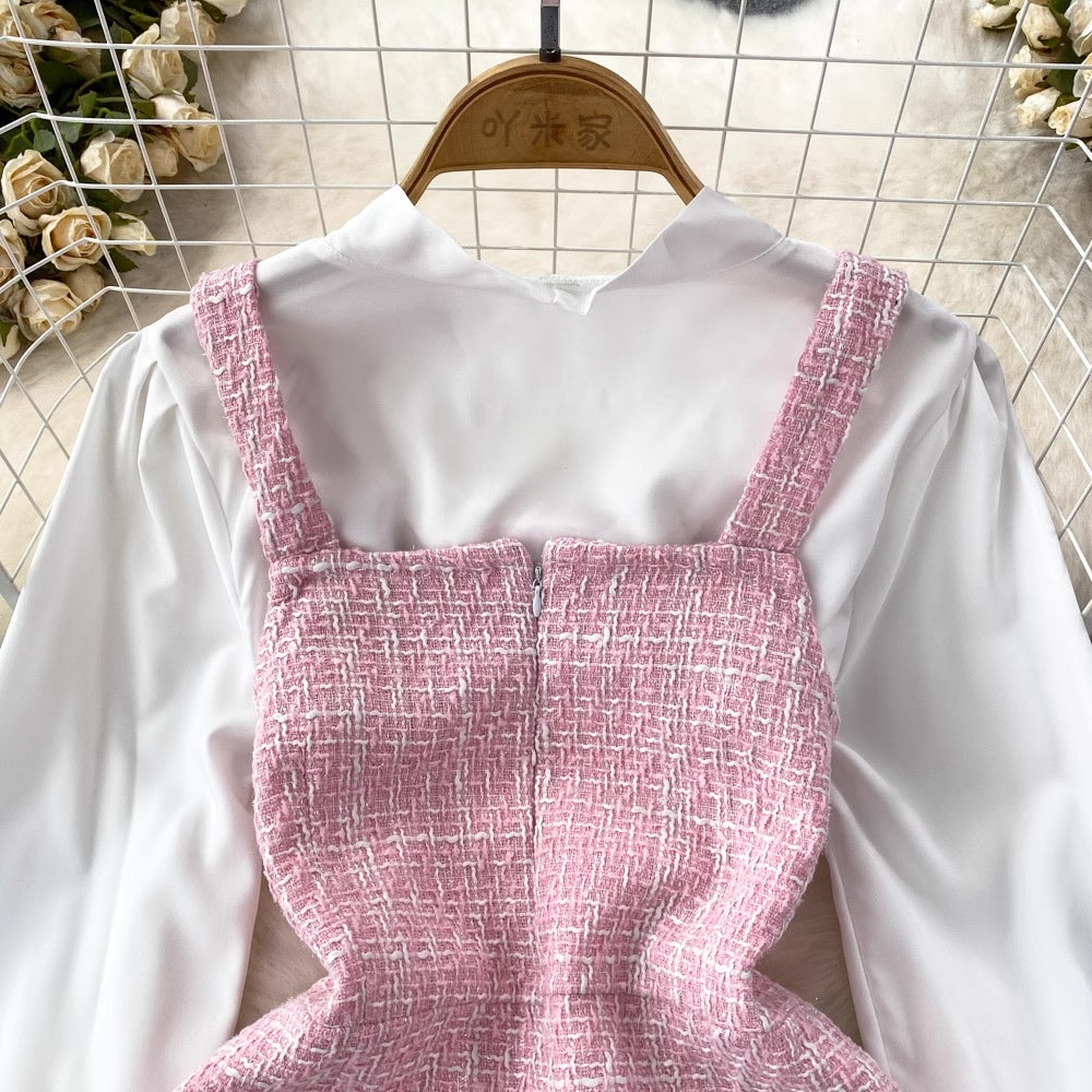 [READY] LD 88-90 Edna Pink Tweed Set Top+Overall Dress