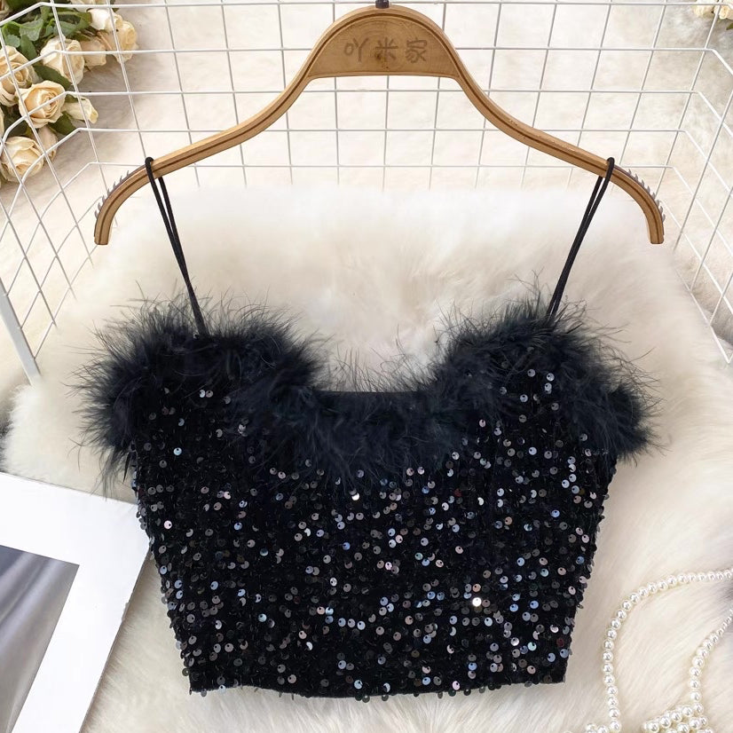 [READY] LD 80-92 Dyan Fur Sequin Crop Top