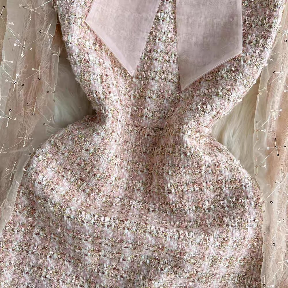 [READY] Laura Soft Pink Tweed Lace Ribbon Dress