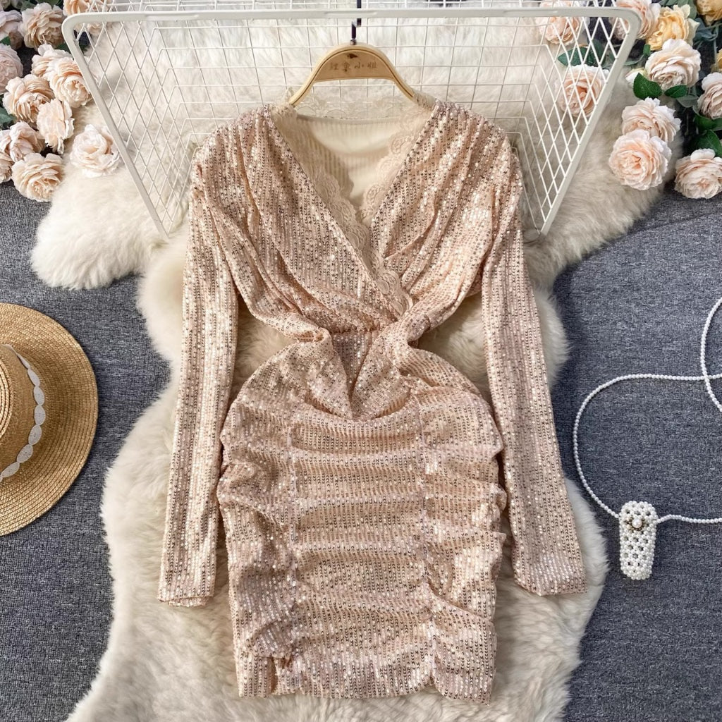 [READY] LD 88-100 Mica Cream-Gold Sequin Mini Dress