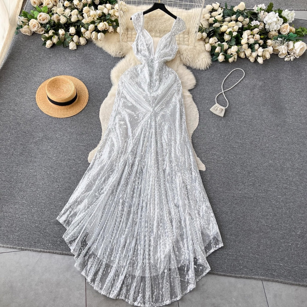 [READY] BIG LD 90-100 Martha White Sequin Party Maxi Long Dress