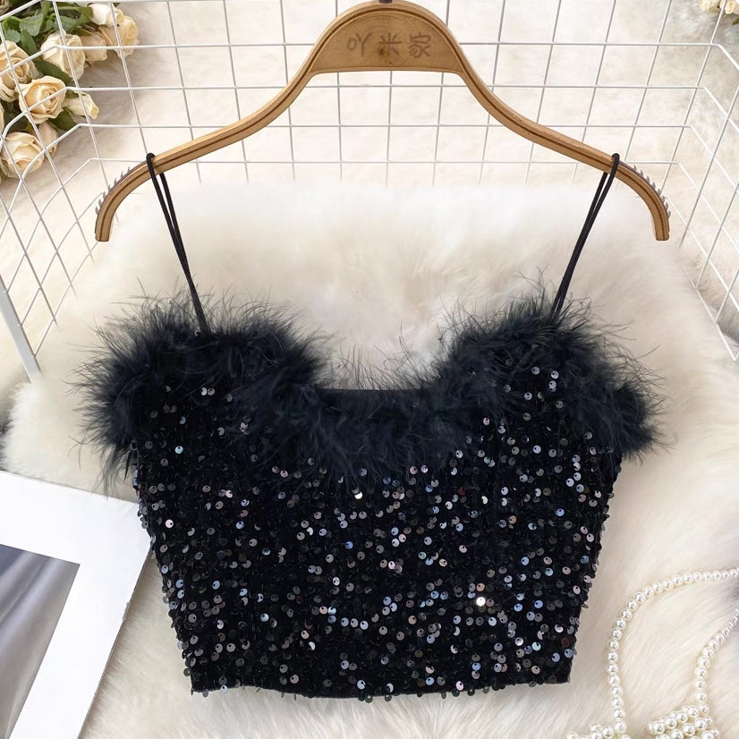 [READY] LD 80-92 Dyan Fur Sequin Crop Top