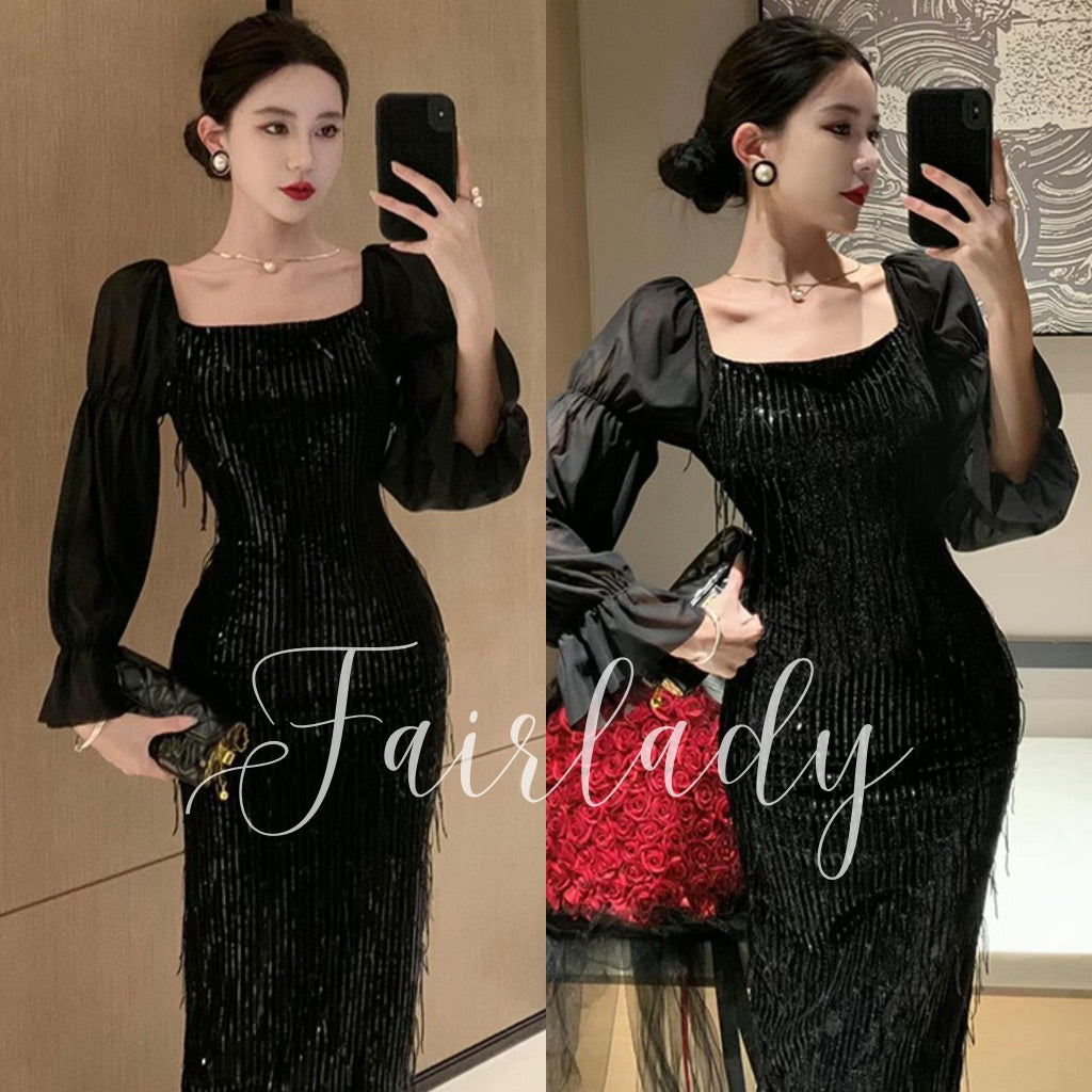 [READY STOCK] LD 86-88 Eva Black Velvet Sequin Midi Dress Korean Style Premium Fairlady 10