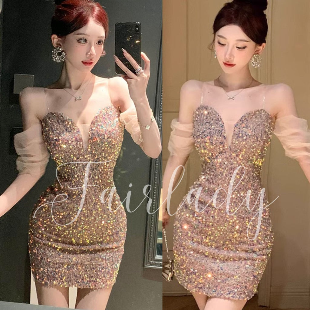 [READY STOCK] LD 70-90 Cora Bronze Mini Sequin Dress Korean Style Premium Fairlady 10/07