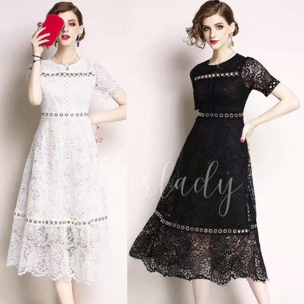 [READY] LD 90-94 Lynne White/Black Brukat Lace Ring Maxi Dress Korean Style Premium Fairlady_id 152