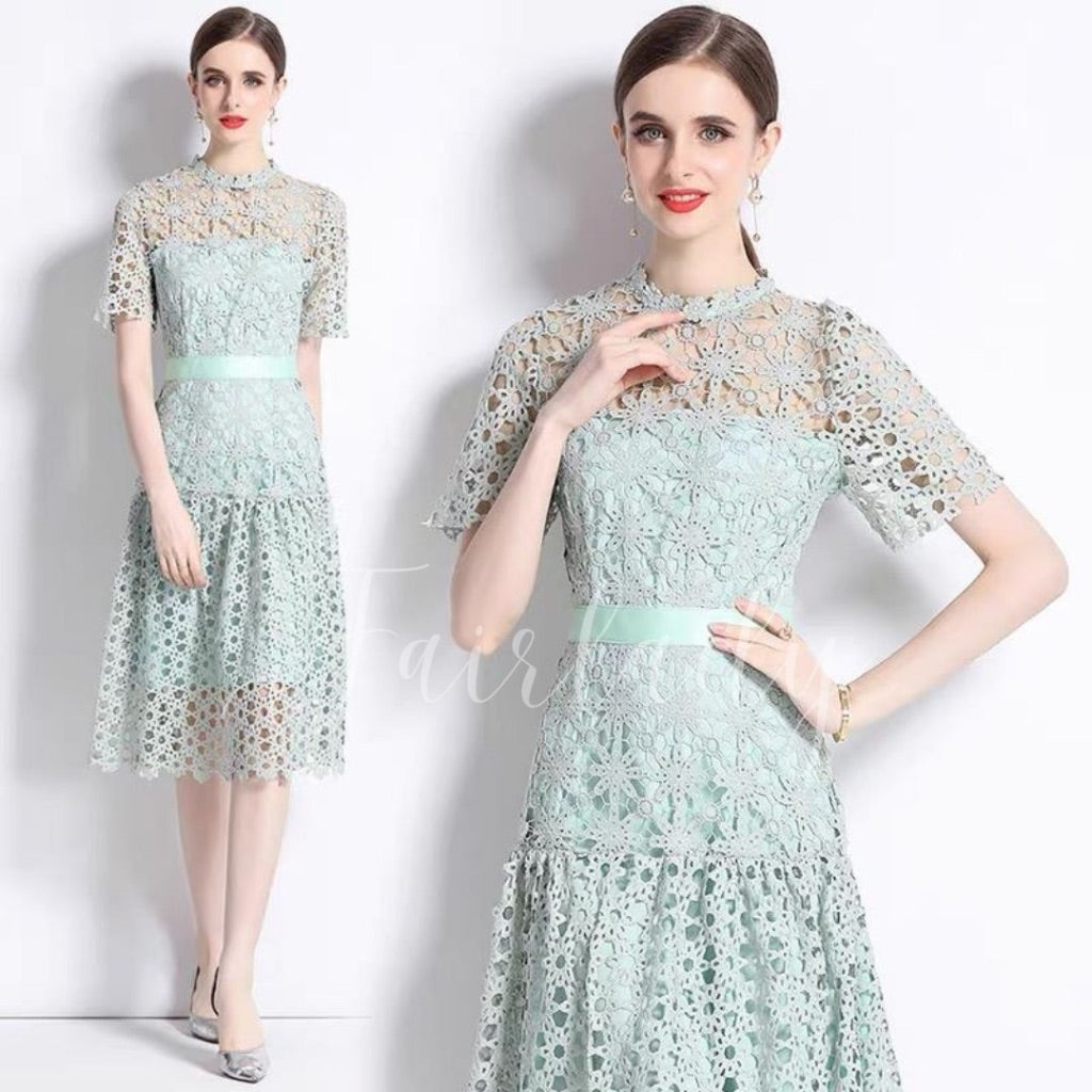 [READY] LD 88-100 Lilya MINT/PEACH Lace Brukat Midi Dress Korean Style Premium Fairlady_id 152