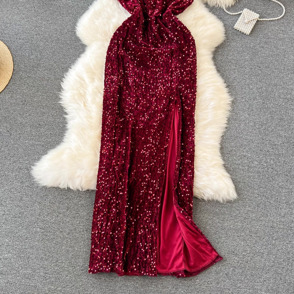 [READY] LD 90-96 Merissa RED Velvet Sequin Dress Halter Gaun Pesta Fairlady 169