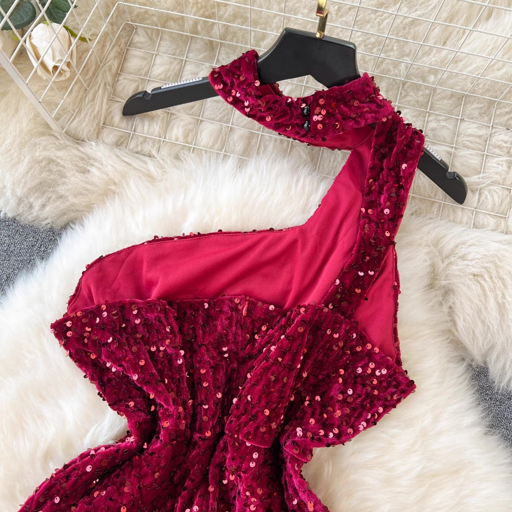 [READY] LD 90-96 Merissa RED Velvet Sequin Dress Halter Gaun Pesta Fairlady 169