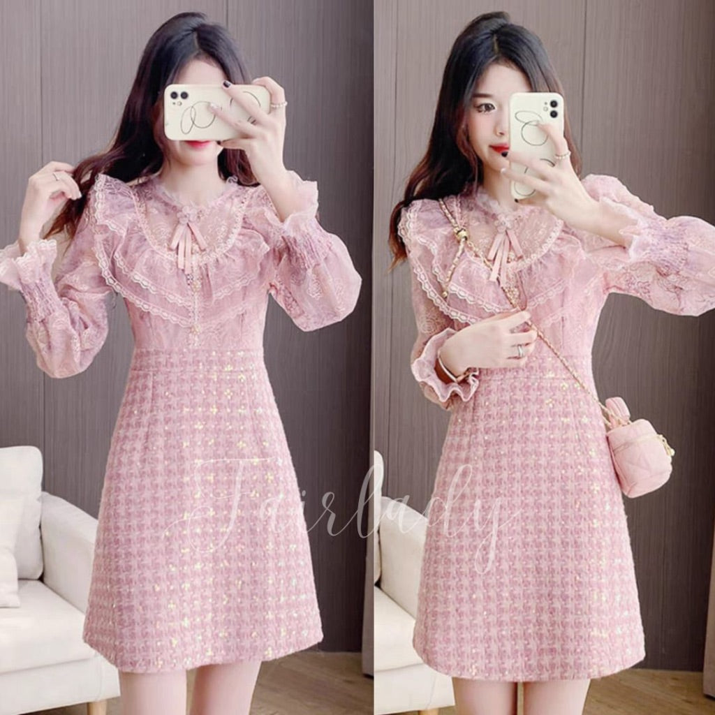 [READY] LD 88-94 Eireen Pink Tweed Brukat Lace Dress Pesta Wanita Korean Style Premium Fairlady_id