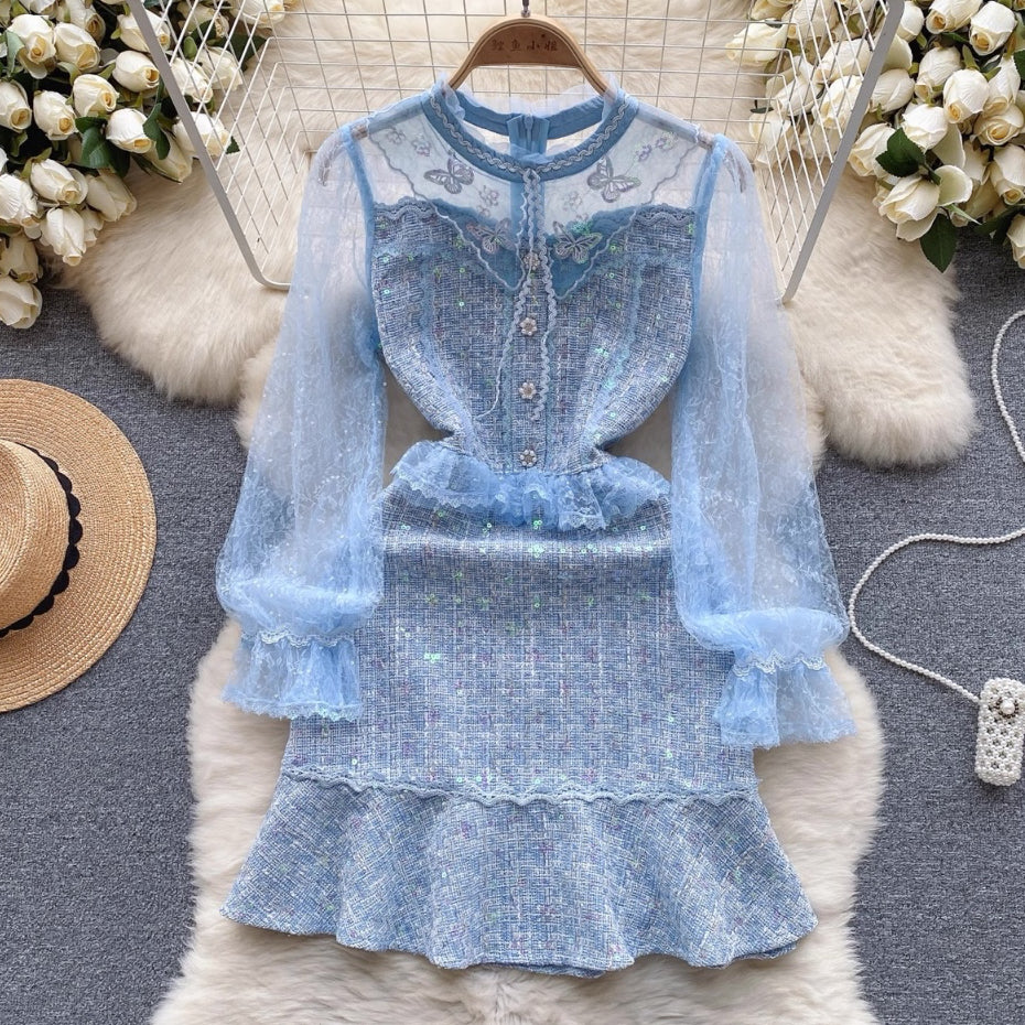 [READY] LD 90-100 Agatha Tweed Lace Blink Blue Dress Korean Style Premium Fairlady 176