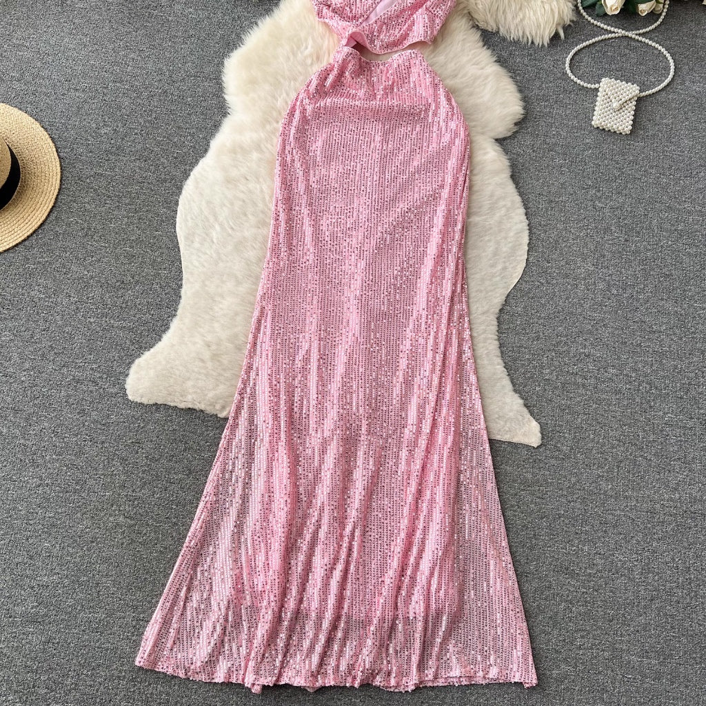 [READY STOCK] LD 78-86 Melinda Pink Sequin Maxi Dress Pesta One Shoulder Cut Out Korean Style Premium Fairlady 170