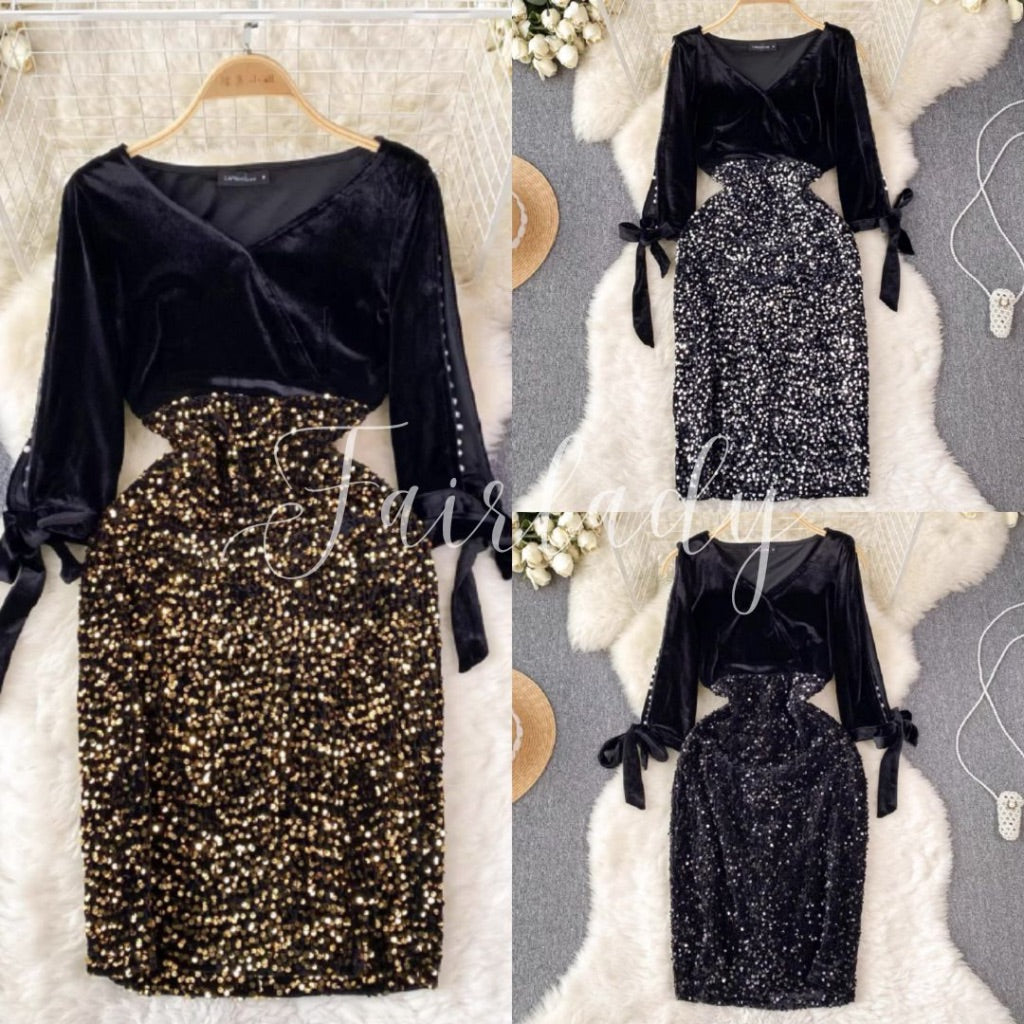 [READY] LD 84-92 Leia Velvet Sequin Pearl Dress Korean Style Premium Fairlady 169