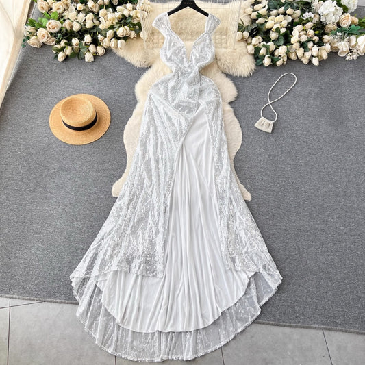 [READY] BIG LD 90-100 Martha White Sequin Party Maxi Long Dress