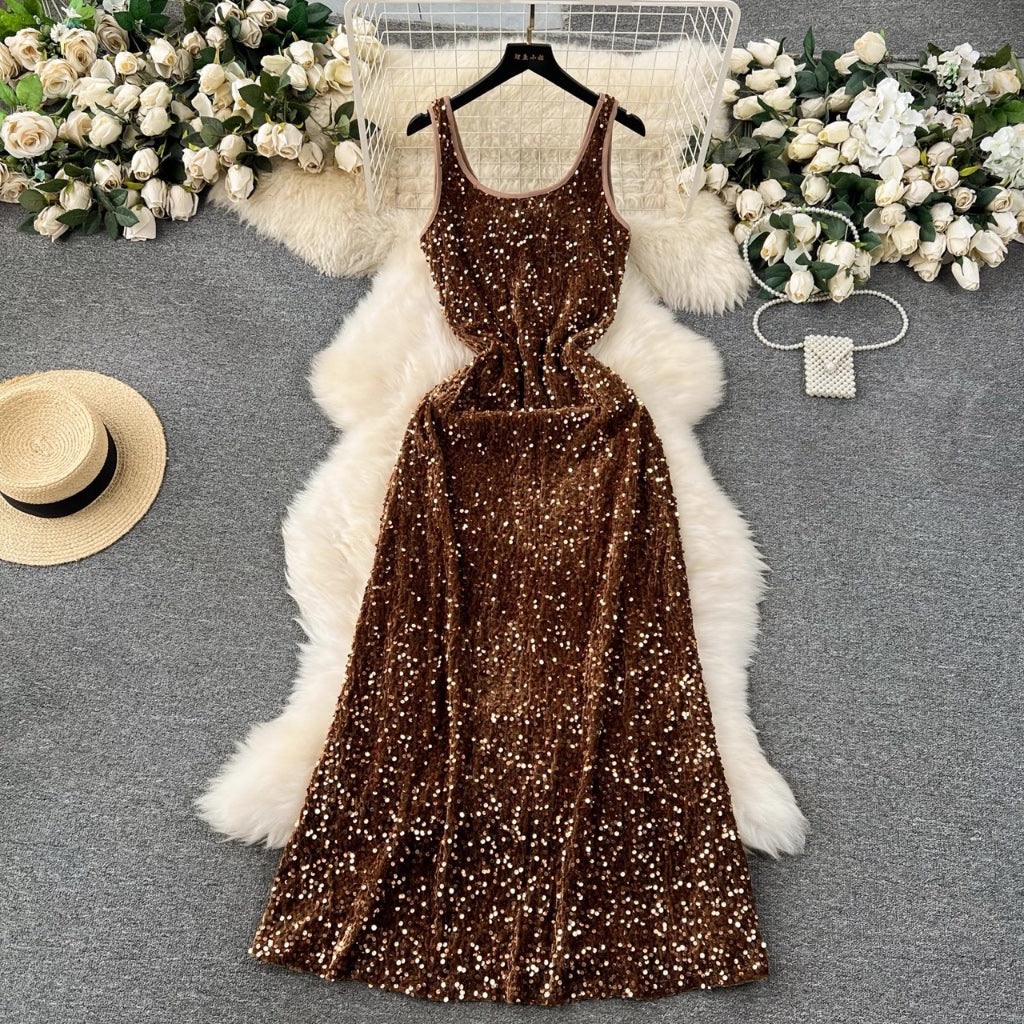 [READY STOCK] LD 84-98 Arta Brown Sequin Velvet Party Maxi Dress Pesta Korean Style Premium Fairlady_id 187