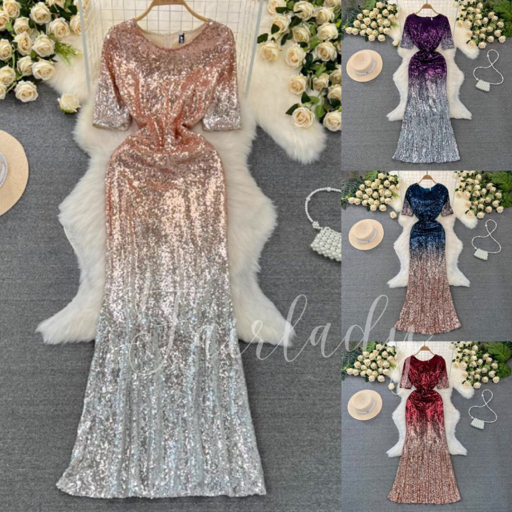 [READY STOCK] LD 76-104 Naela BIG Sequin Maxi Party Dress Gaun Pesta Ombre Korean Style Premium Fairlady 9/7