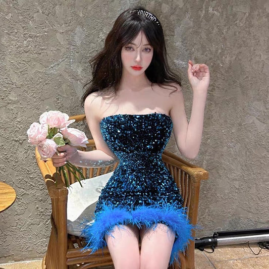 [READY] LD 78-96 Suzy Fur Sequin Mini Dress