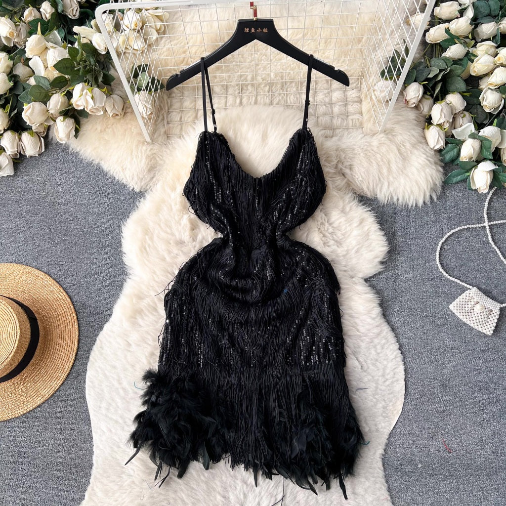 [READY STOCK] LD 84-90 Sheila Tassel Fur Sequin Party Mini Dress Pesta Korean Style Fairlady_id 05/06