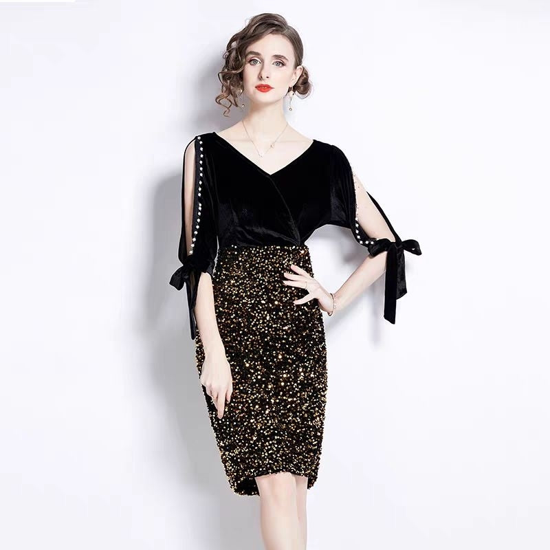 [READY] LD 84-92 Leia Velvet Sequin Pearl Dress Korean Style Premium Fairlady 169