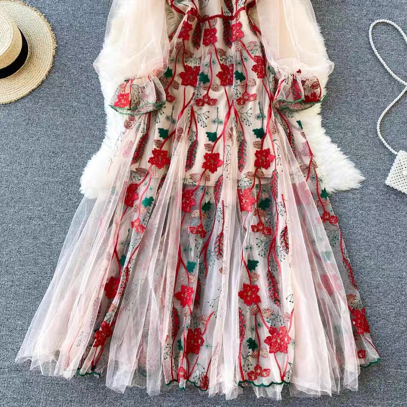 [READY] LD 92 Beatrix Khaki Red Floral Lace Long Dress Korean Dress Premium Fairlady 181