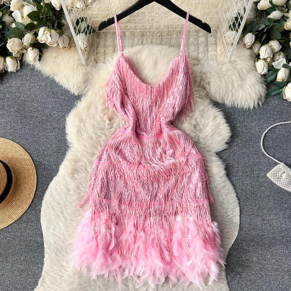 [READY STOCK] LD 84-90 Sheila Tassel Fur Sequin Party Mini Dress Pesta Korean Style Fairlady_id 05/06