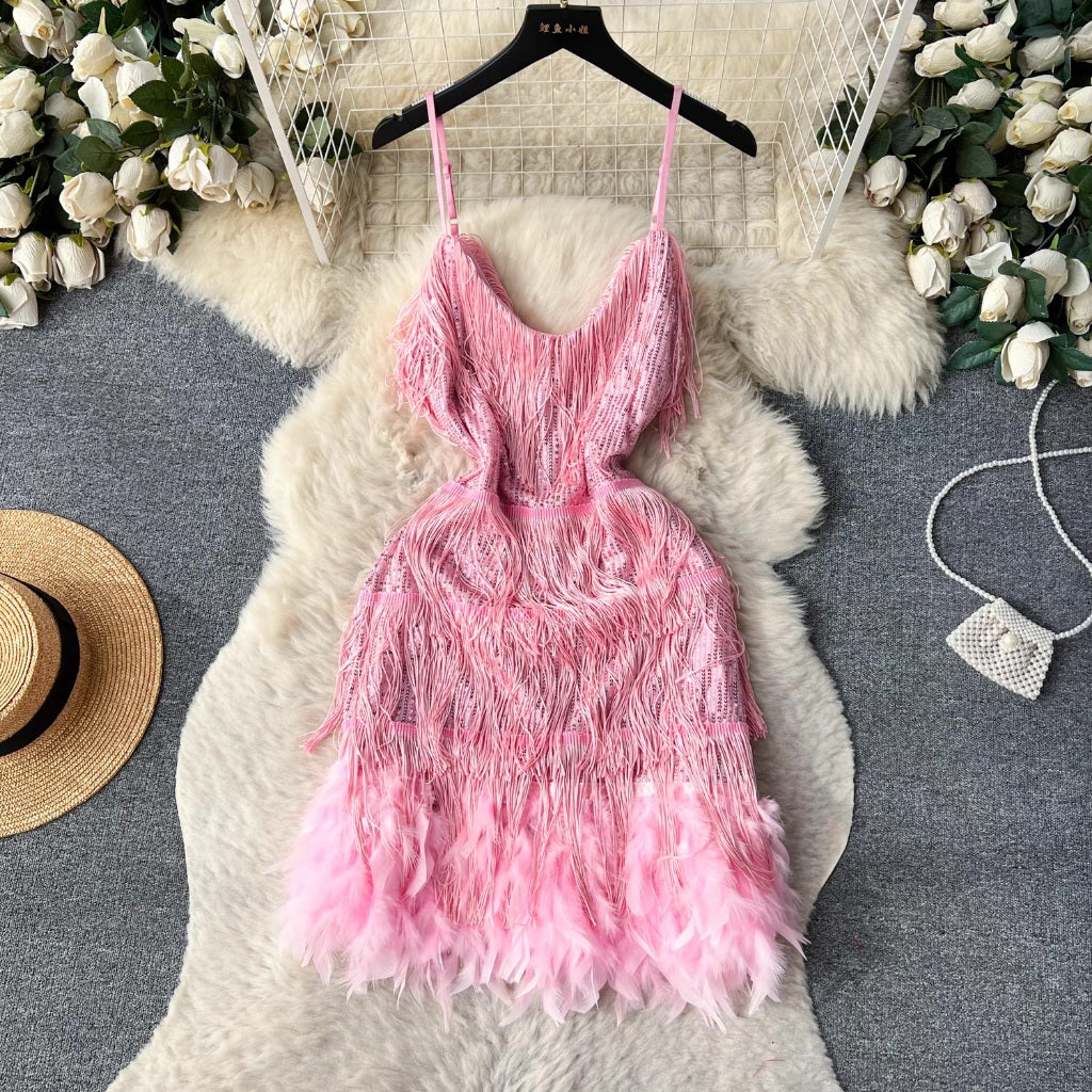 [READY STOCK] LD 84-90 Sheila Tassel Fur Sequin Party Mini Dress Pesta Korean Style Fairlady_id 05/06