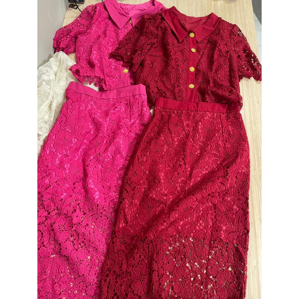 [READY] LD 100 Matilda Red/Fuchsia Brukat Set Top+Skirt