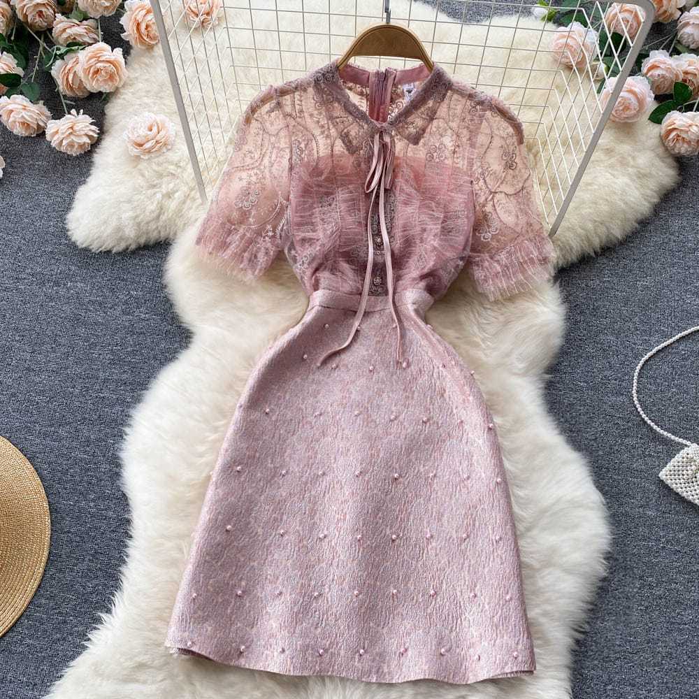 [READY] LD 86-98 Roxie Pink Jacquard Pearl Brukat Lace Dress Pesta Wanita Korean Style Fairlady_id