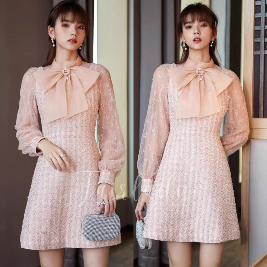 [READY] Laura Soft Pink Tweed Lace Ribbon Dress