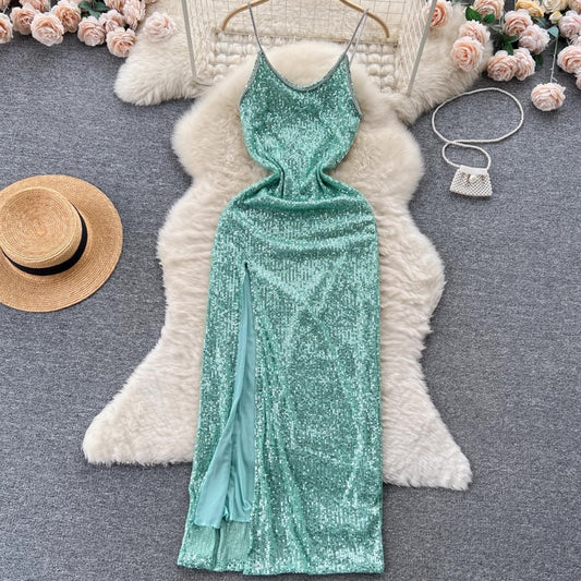 [READY] LD 72-92 Mila Mint-Green Sequin Party Maxi Dress