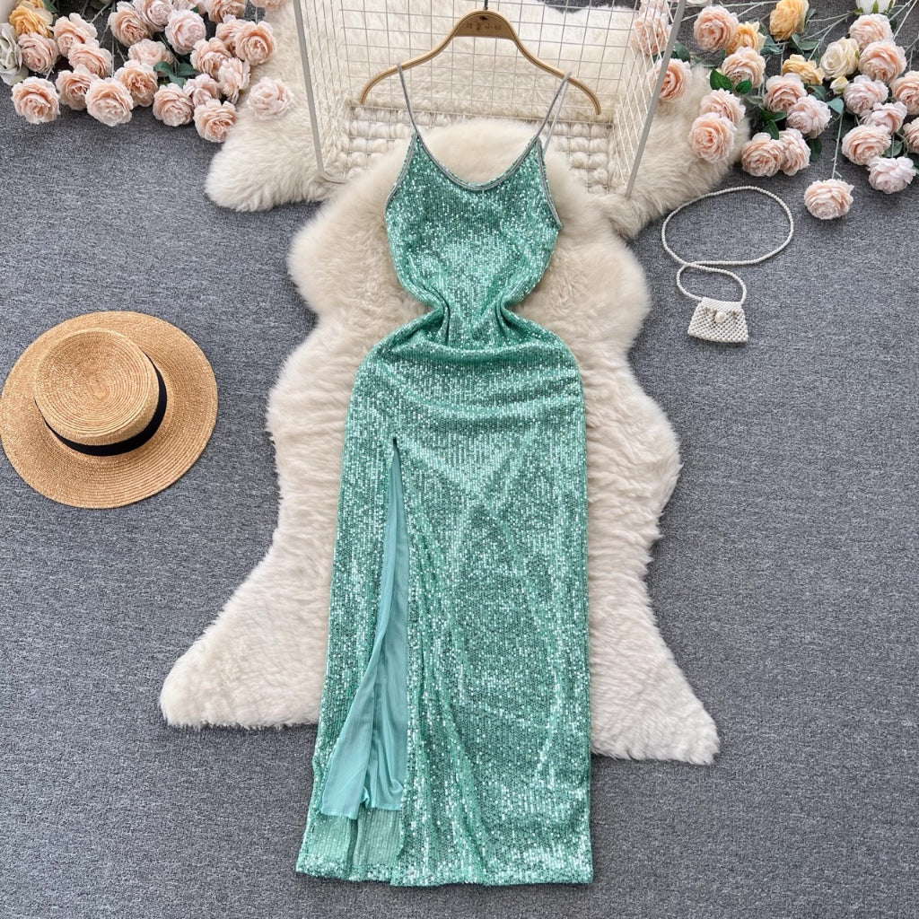 [READY] LD 72-92 Mila Mint-Green Sequin Party Maxi Dress