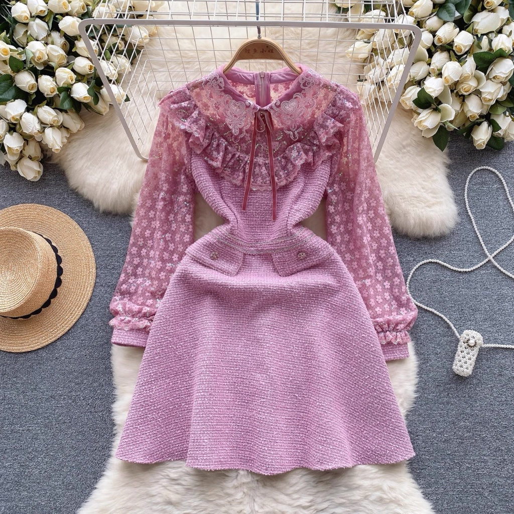 [READY] LD 92-102 Jolie Pink Tweed Lace Dress