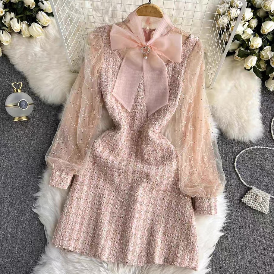 [READY] Laura Soft Pink Tweed Lace Ribbon Dress