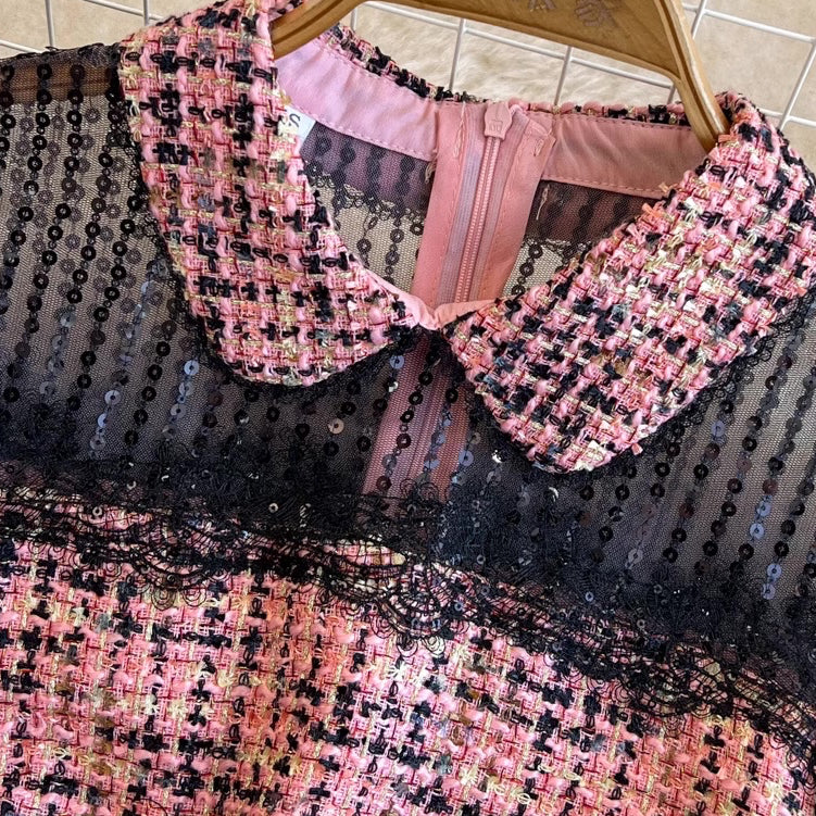 [READY] LD 92-96 Marzi Tweed Lace Pink-Black Dress