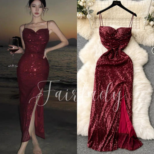 [READY STOCK] LD 78-102 Serela Red Maroon Sequin Party Maxi Dress Wanita Korean Style Premium Fairlady_id 10