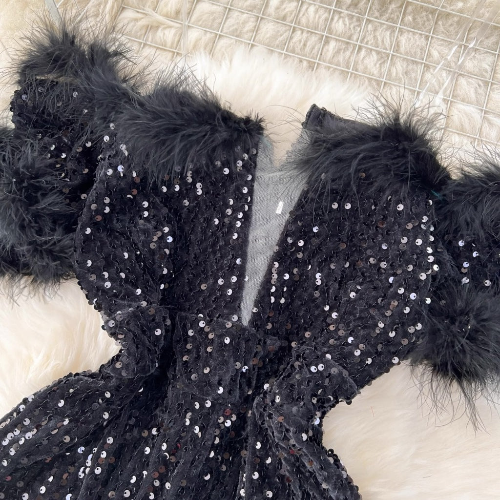 [READY STOCK] LD 76-110 Fiore Black Fur Sequin Jumper Pesta Korean Style Premium Fairlady