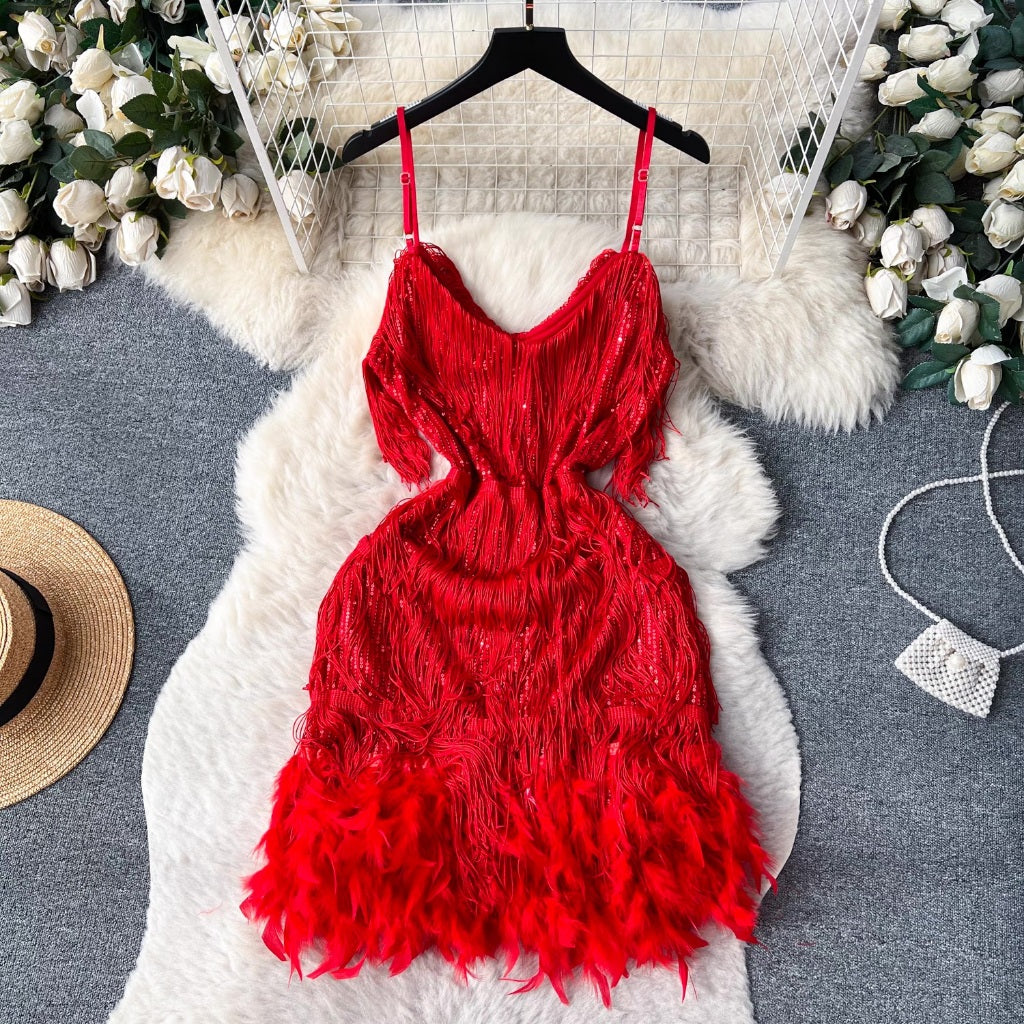 [READY STOCK] LD 84-90 Sheila Tassel Fur Sequin Party Mini Dress Pesta Korean Style Fairlady_id 05/06