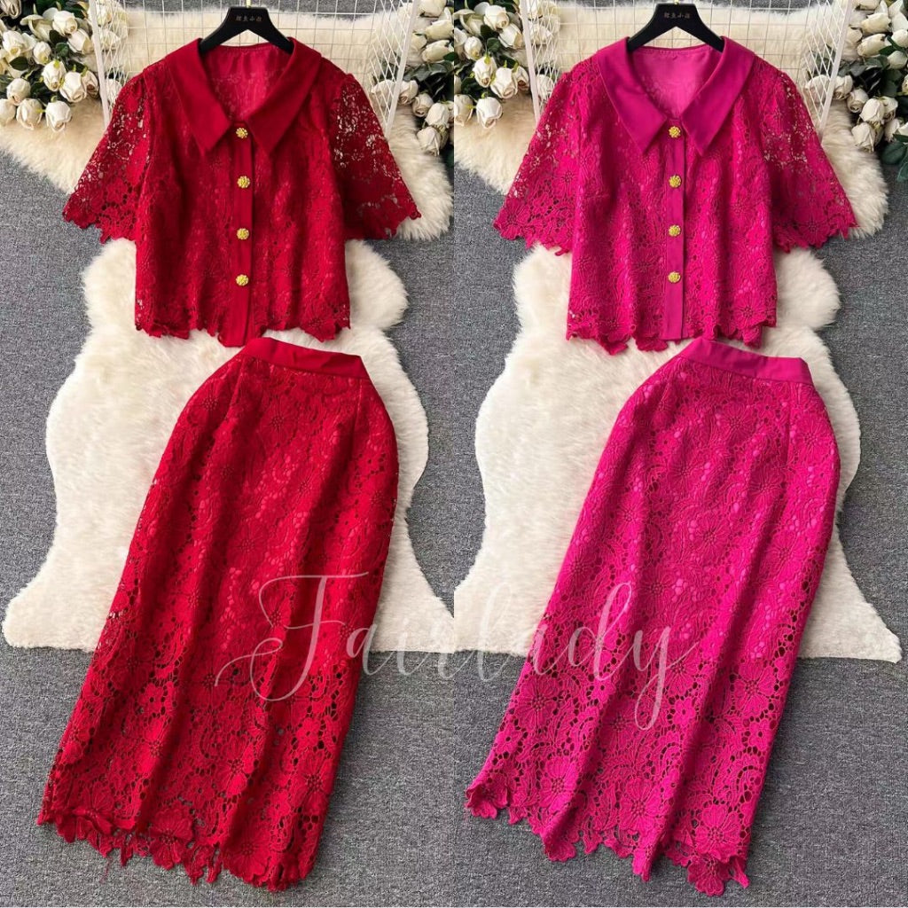 [READY] LD 100 Matilda Red/Fuchsia Brukat Set Top+Skirt