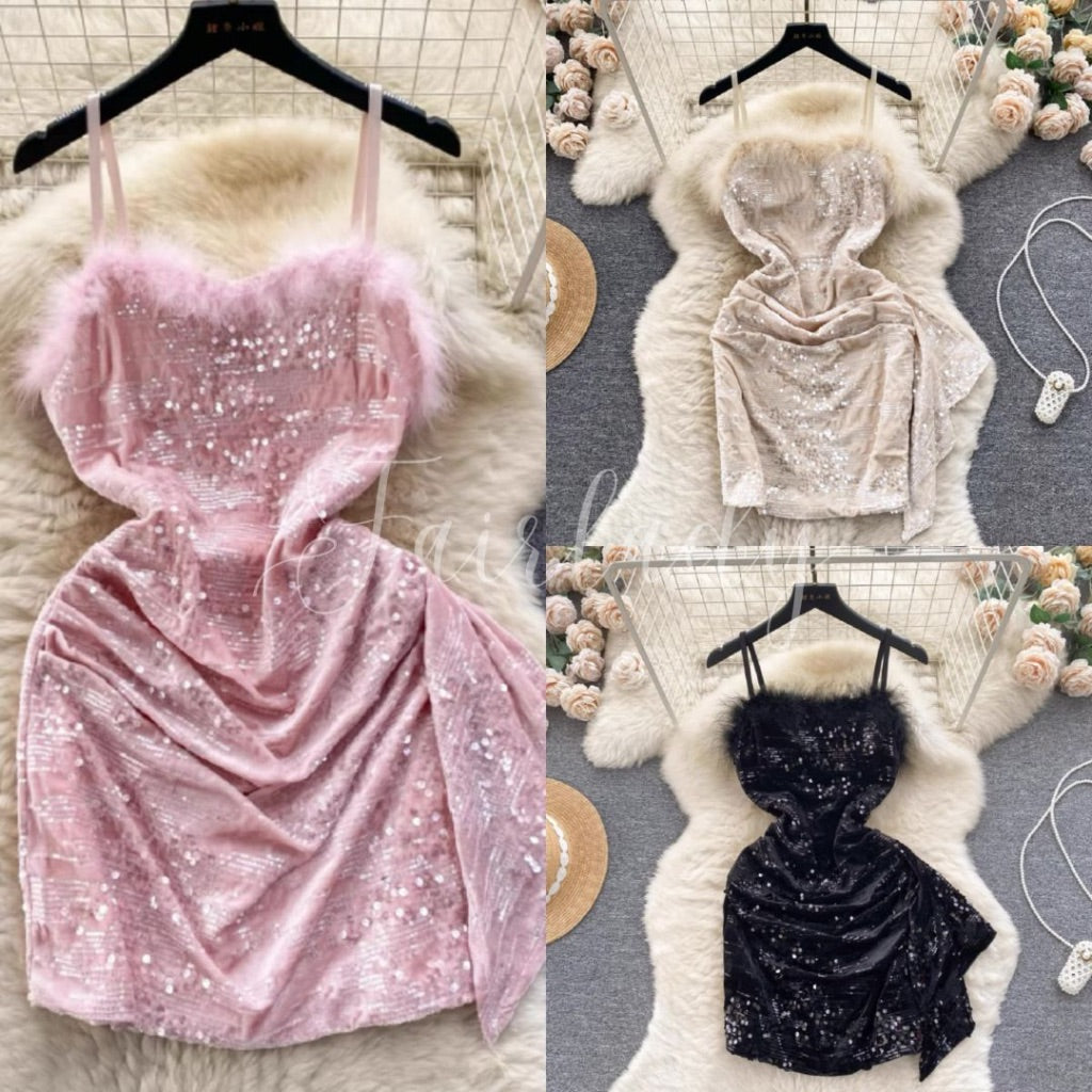 [READY] LD 80-92 Damaris Fur Sequin Mini Dress