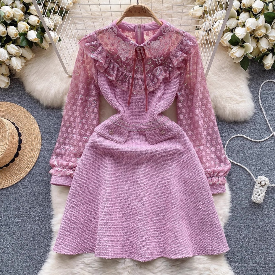 [READY] LD 92-102 Jolie Pink Tweed Lace Dress