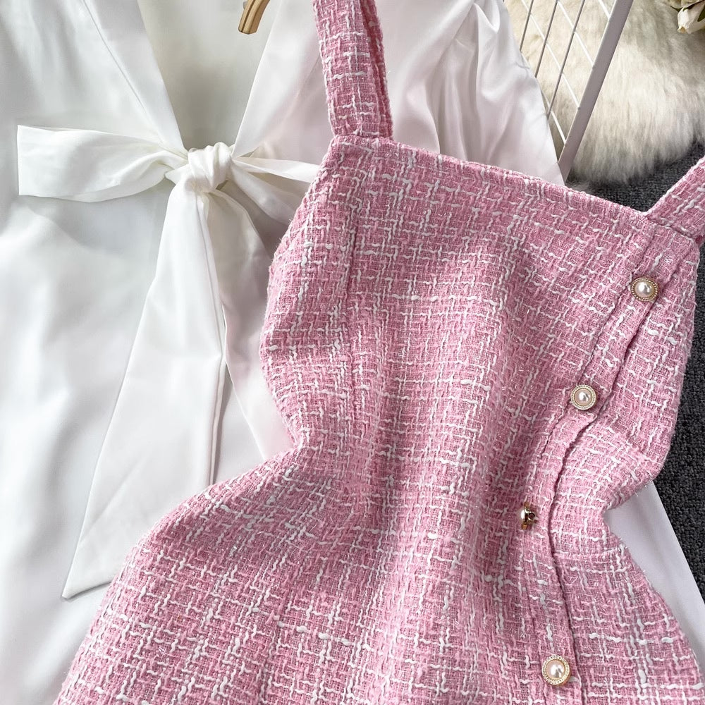 [READY] LD 88-90 Edna Pink Tweed Set Top+Overall Dress