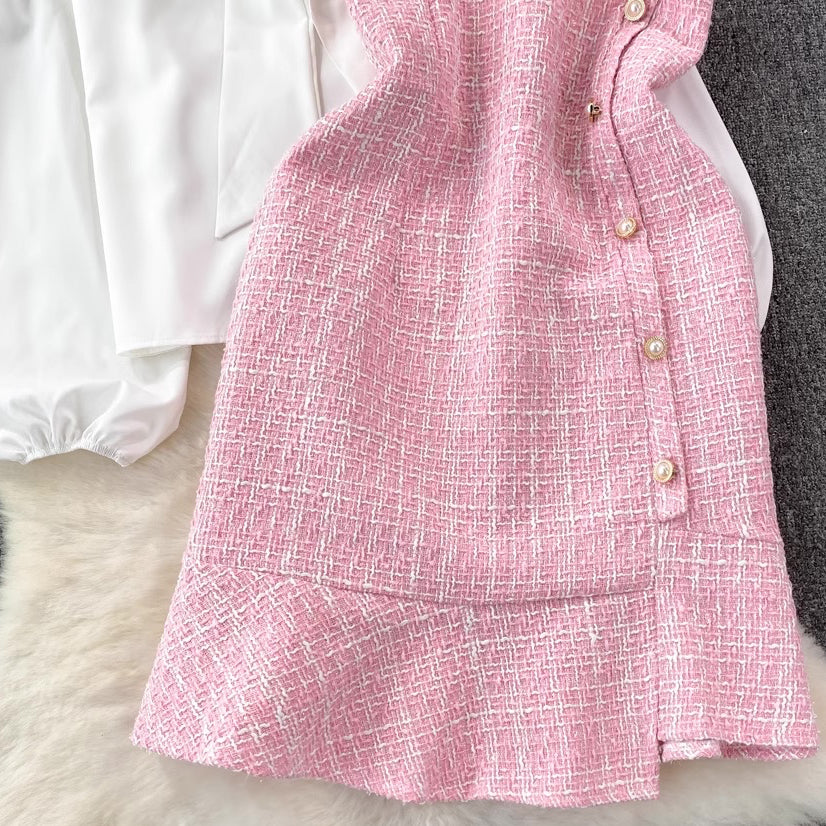 [READY] LD 88-90 Edna Pink Tweed Set Top+Overall Dress