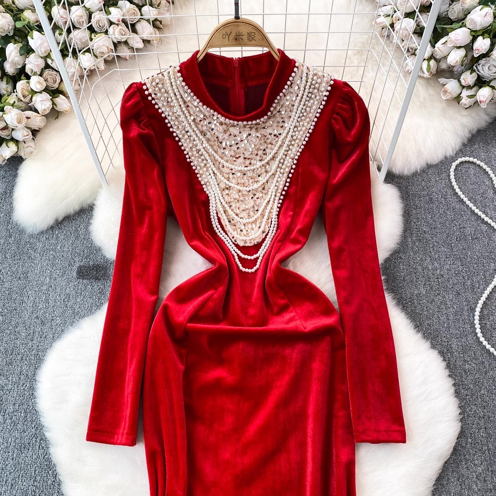 [READY] LD 90-98 Anna Red Velvet Pearl Party Dress Pesta Fairlady 24/04