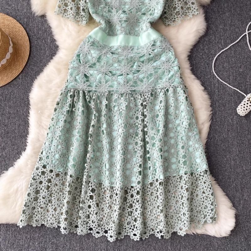 [READY] LD 88-100 Lilya MINT/PEACH Lace Brukat Midi Dress Korean Style Premium Fairlady_id 152