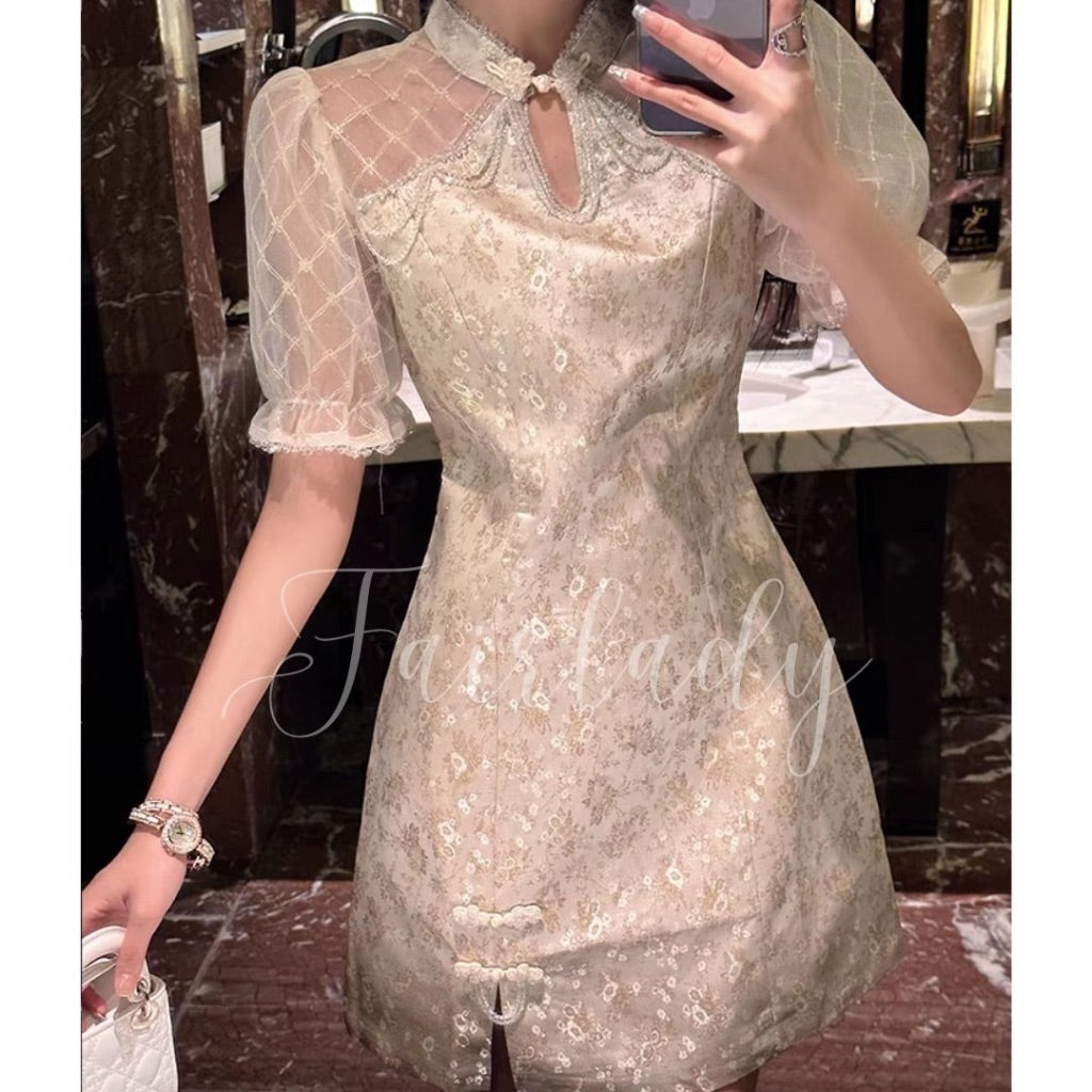 [READY] LD 88-92 Everlee Ivory-Gold Lace Jacquard Dress Korean Style Premium Fairlady_id 139