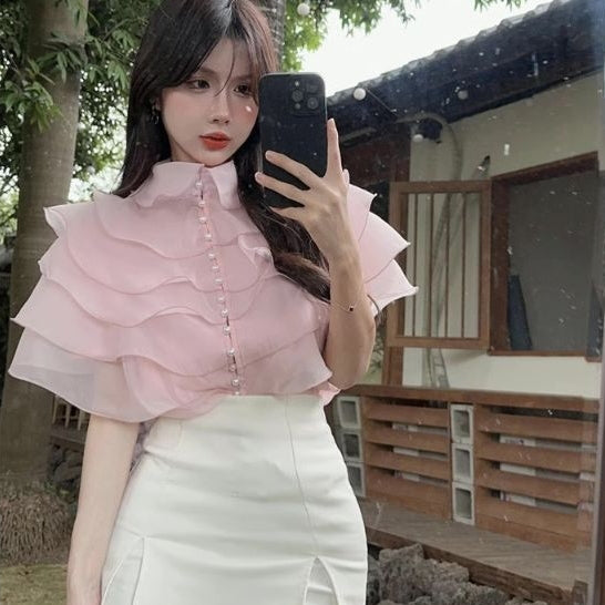 LD 86 Flurette Pink Ruffle Blouse Top 135