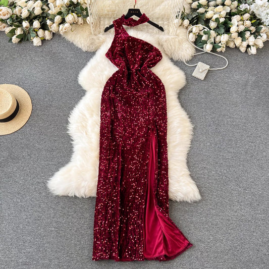 [READY] LD 90-96 Merissa RED Velvet Sequin Dress Halter Gaun Pesta Fairlady 169