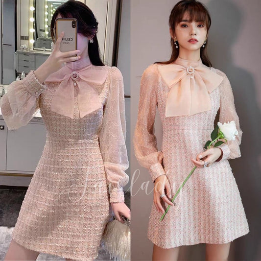 [READY] Laura Soft Pink Tweed Lace Ribbon Dress