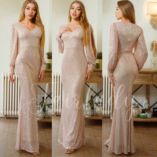 [READY STOCK] BIG LD 84-108 Ghania (Rose Gold) Sequin Maxi Long Sleeve Dress Pesta Korean Style Premium Fairlady 8/7