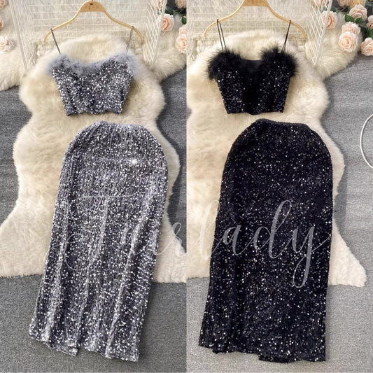 [READY] Sarah Fur Sequin Top+Skirt